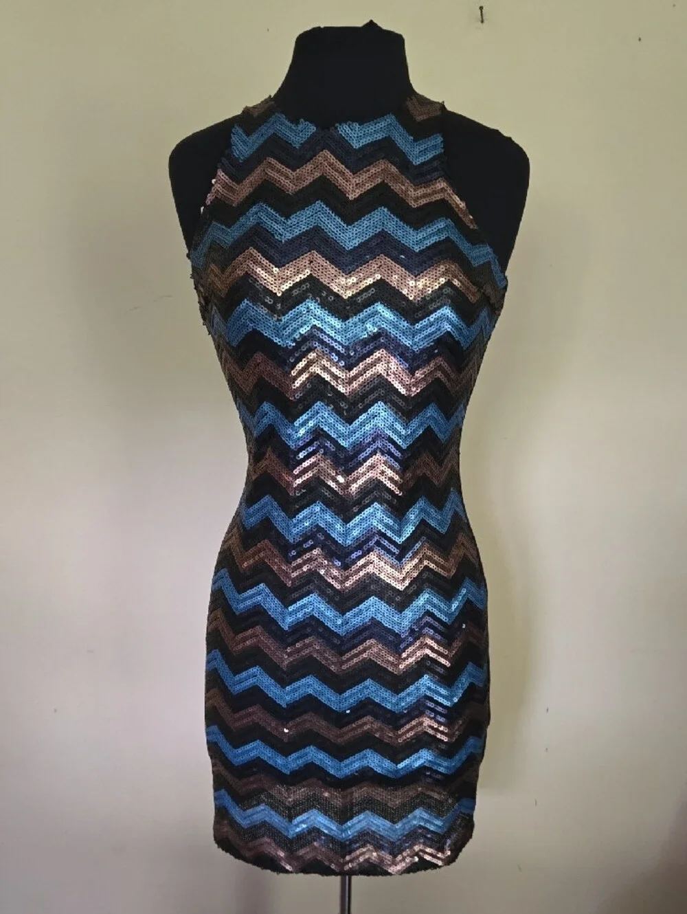 Tulle Sequin Chevron Shift Dress in Teal and Black